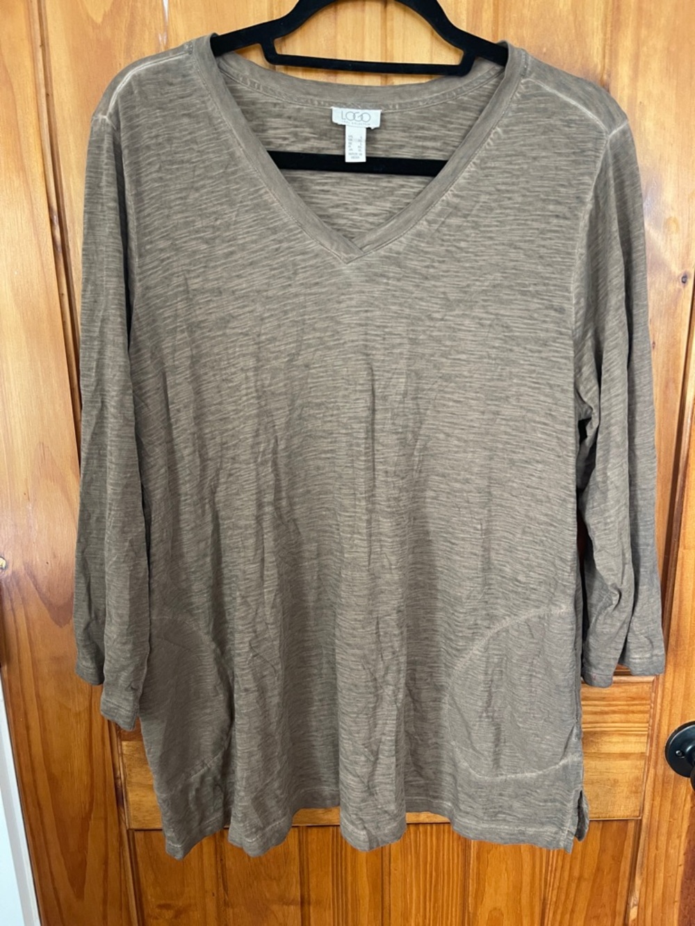 LOGO by Lori Goldstein Taupe Tan V-Neck 3/4 Sleeve Top Tunic Large Cotton
